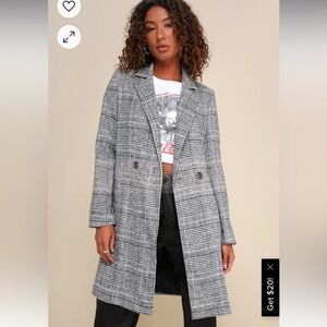 NWT • Lulu’s Chilly Out Black and White Glen Plaid Long Coat